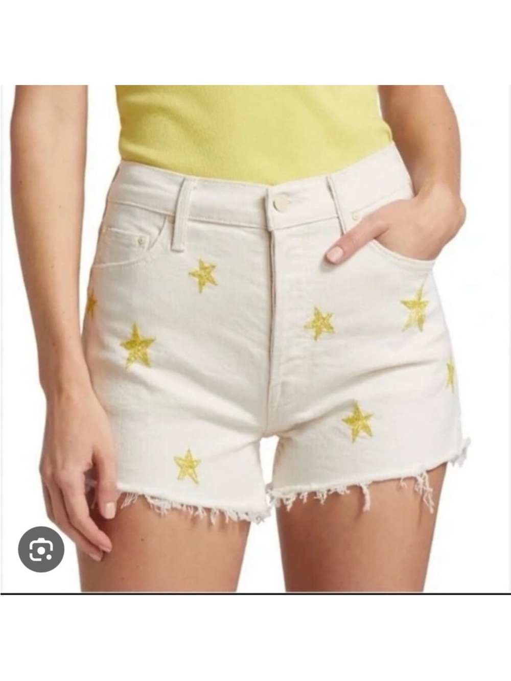 MOTHER White Denim Shorts with Gold Star Embroidery